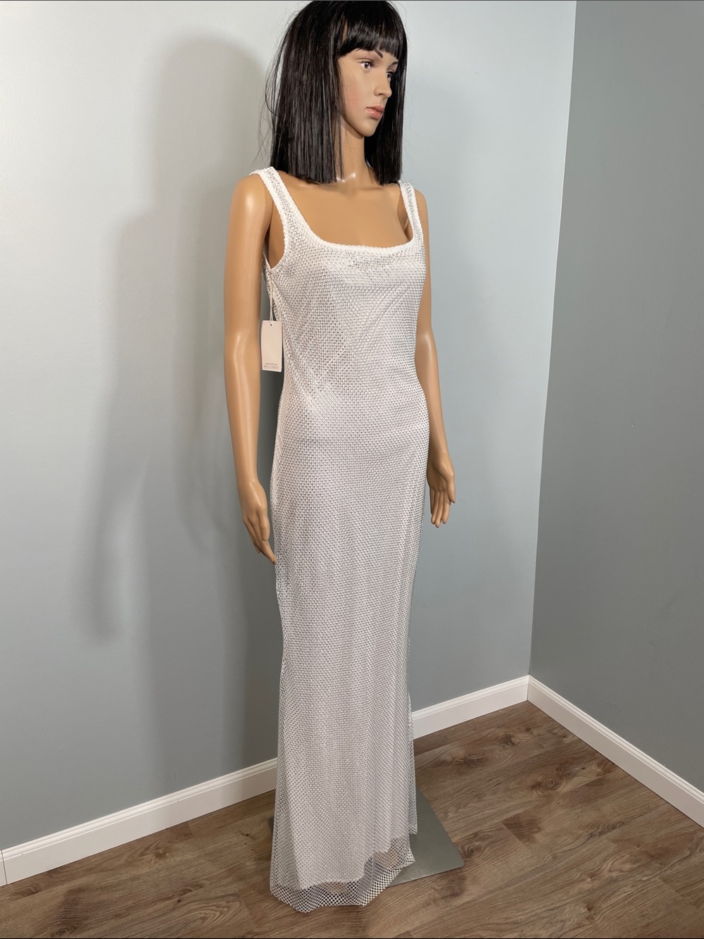 White Mesh Rhinestone Maxi Dress with Scoop Neck
